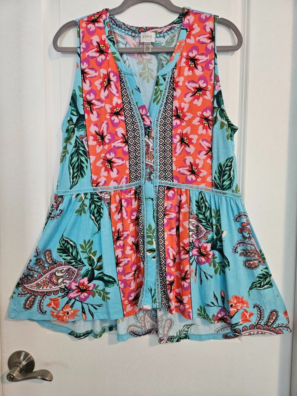 Cupio Floral Boho Tunic Top XL Aqua&Coral Sleeveless Peplum Blouse